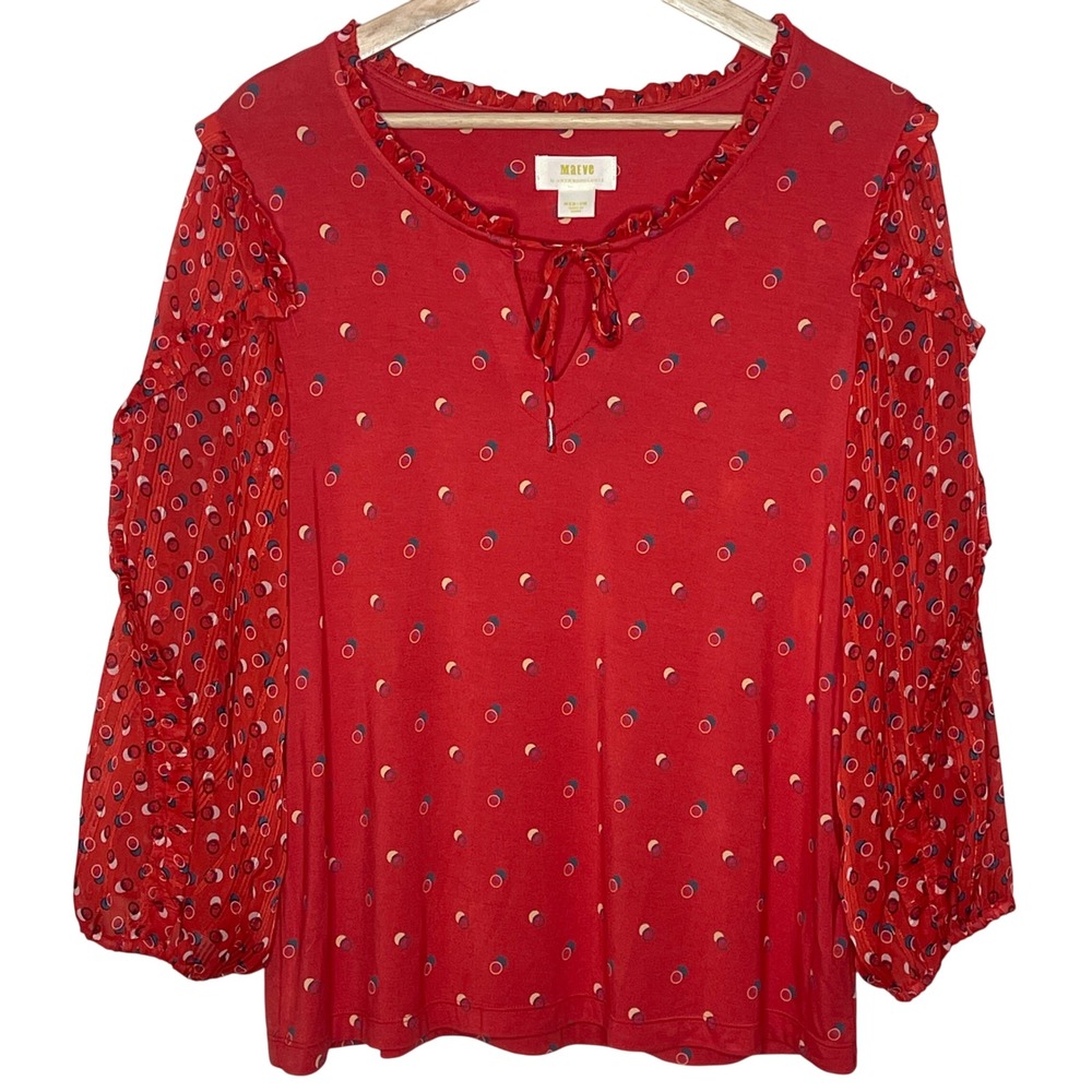 Maeve Anthropologie Red Circle Print Ruffle Trim Blouse‎ Women's Medium